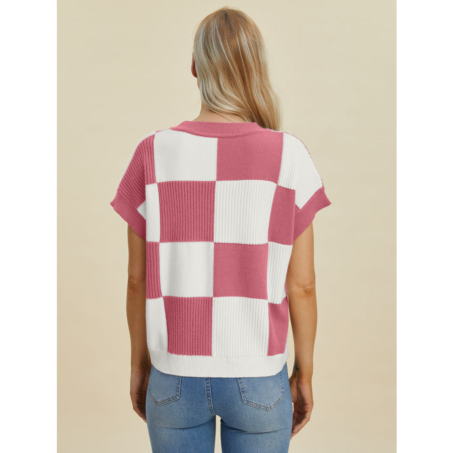 Double Take Full Size Checkered Round Neck Short Sleeve Sweater Apparel and Accessories