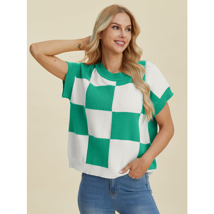 Double Take Full Size Checkered Round Neck Short Sleeve Sweater Apparel and Accessories