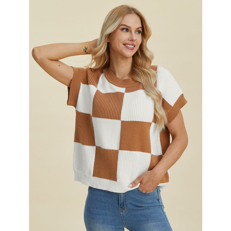 Double Take Full Size Checkered Round Neck Short Sleeve Sweater Apparel and Accessories