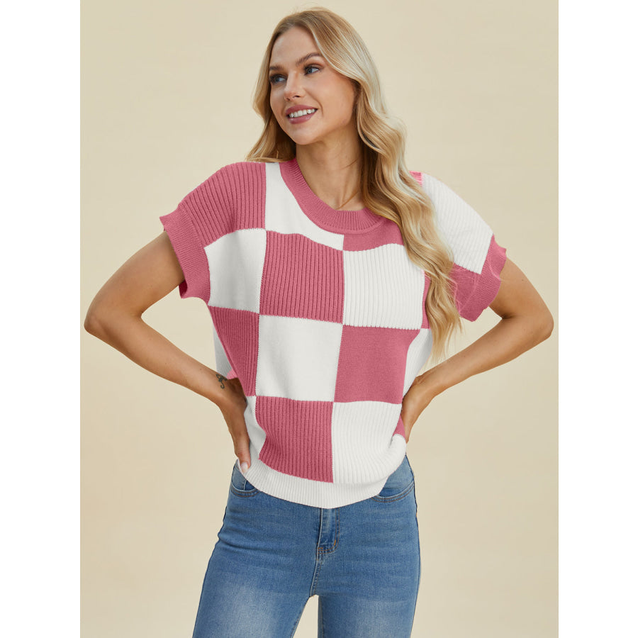 Double Take Full Size Checkered Round Neck Short Sleeve Sweater Apparel and Accessories