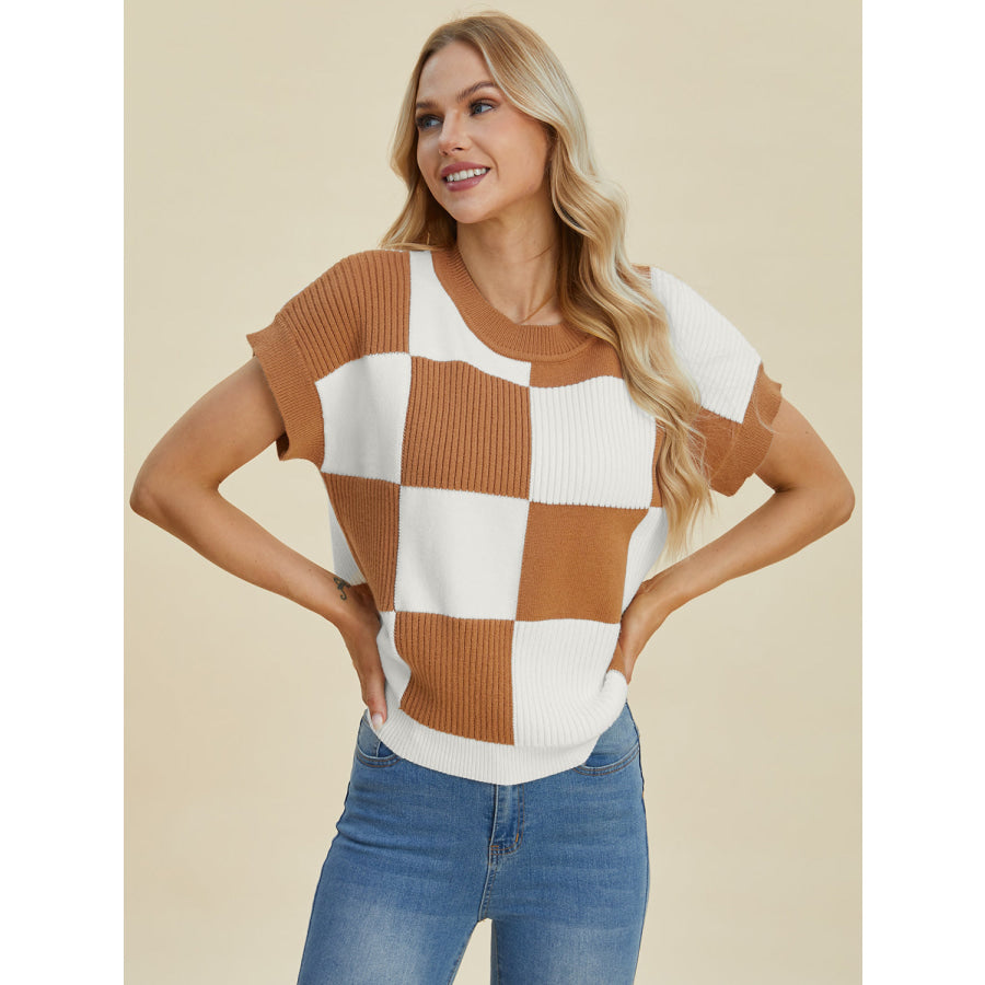 Double Take Full Size Checkered Round Neck Short Sleeve Sweater Apparel and Accessories