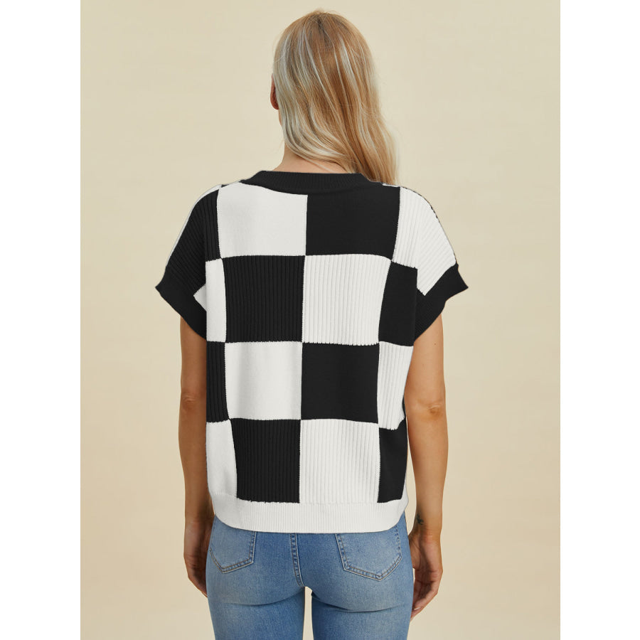 Double Take Full Size Checkered Round Neck Short Sleeve Sweater Apparel and Accessories