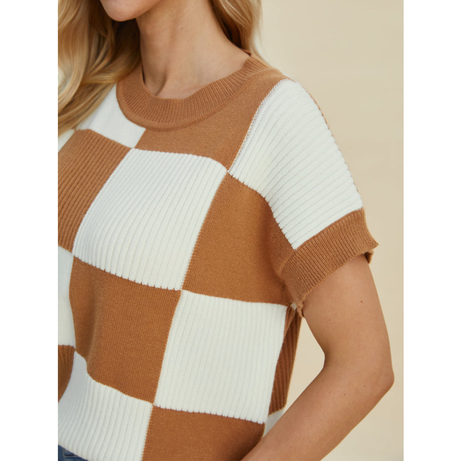 Double Take Full Size Checkered Round Neck Short Sleeve Sweater Apparel and Accessories