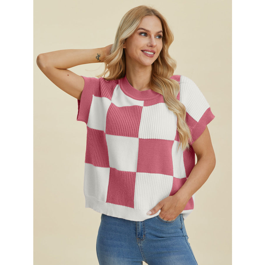 Double Take Full Size Checkered Round Neck Short Sleeve Sweater Apparel and Accessories