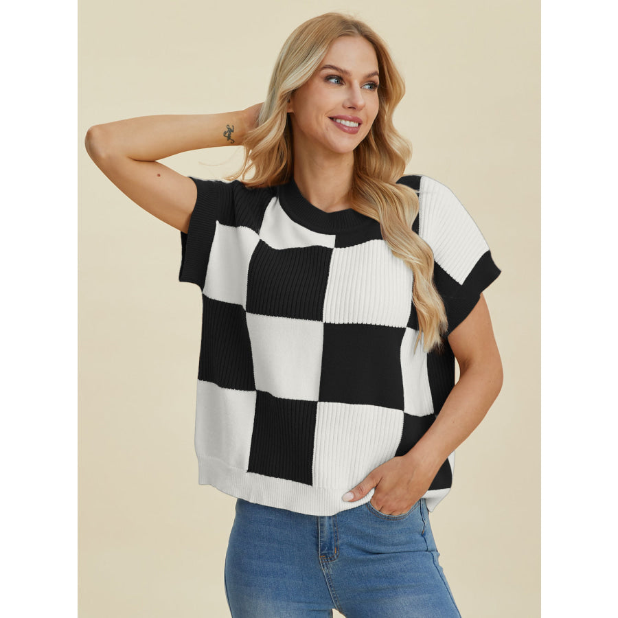 Double Take Full Size Checkered Round Neck Short Sleeve Sweater Apparel and Accessories