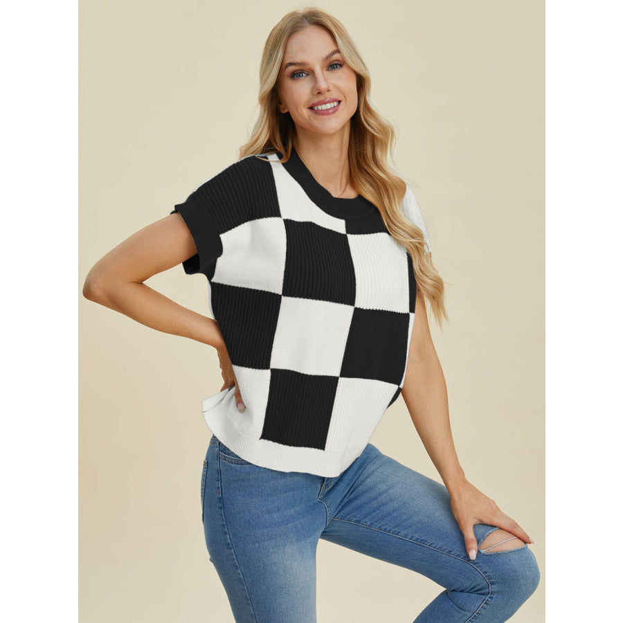 Double Take Full Size Checkered Round Neck Short Sleeve Sweater Black / S Apparel and Accessories