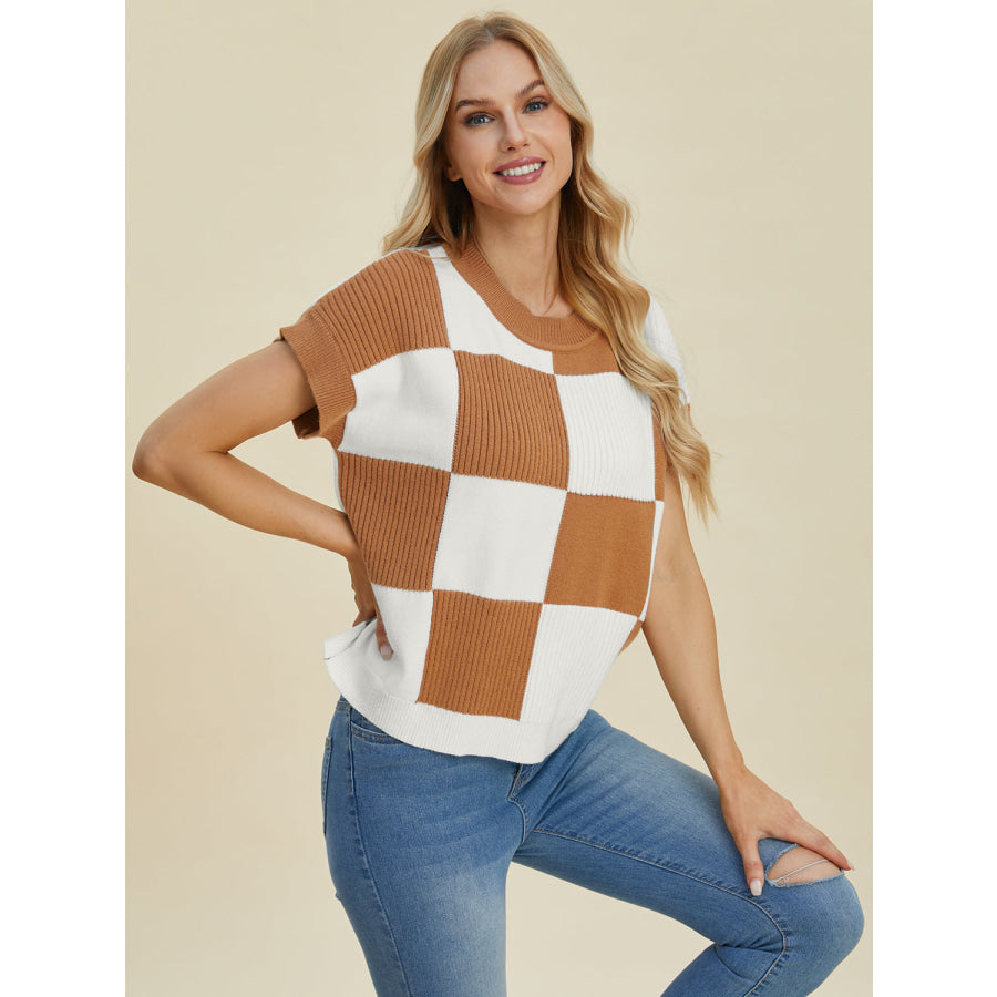 Double Take Full Size Checkered Round Neck Short Sleeve Sweater Camel / S Apparel and Accessories