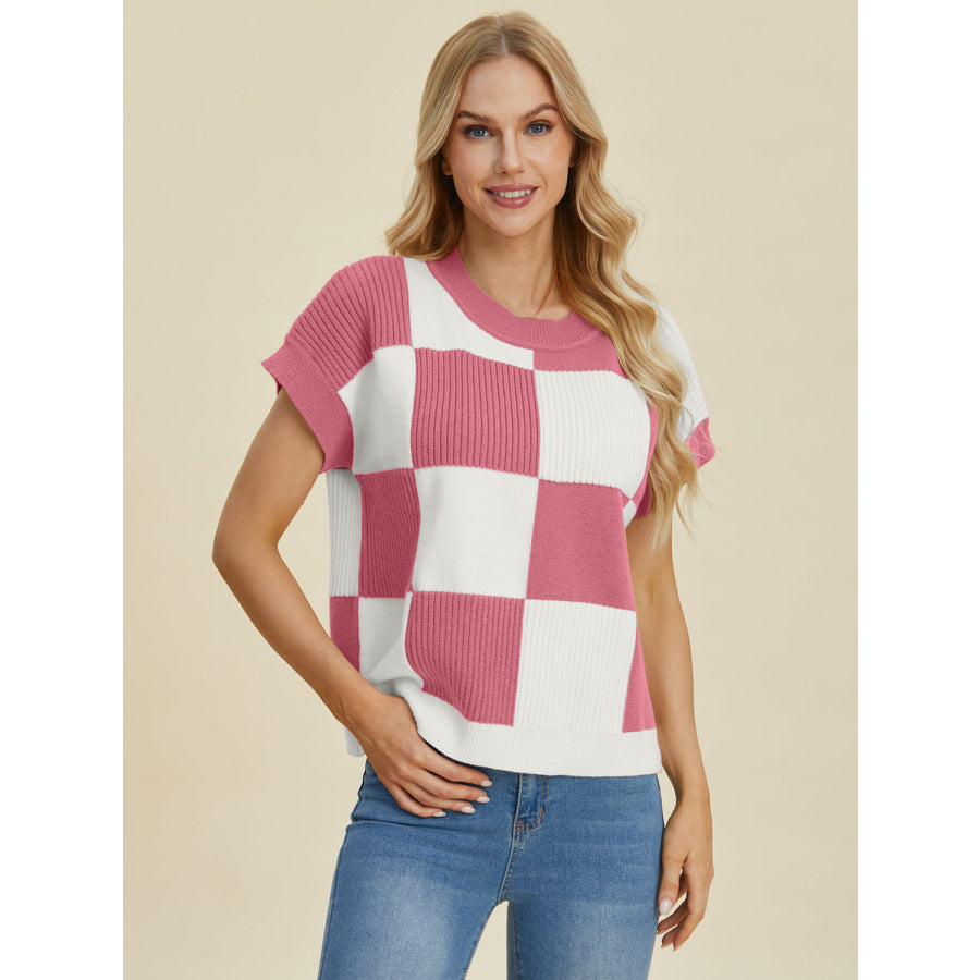 Double Take Full Size Checkered Round Neck Short Sleeve Sweater Dusty Pink / S Apparel and Accessories