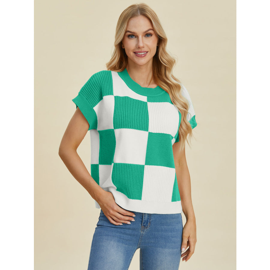 Double Take Full Size Checkered Round Neck Short Sleeve Sweater Turquoise / S Apparel and Accessories