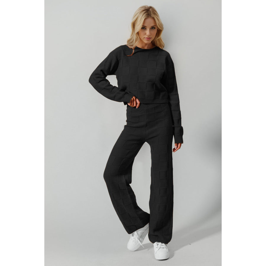 Double Take Full Size Checkered Round Neck Top and Pants Set Black / S/M Apparel and Accessories