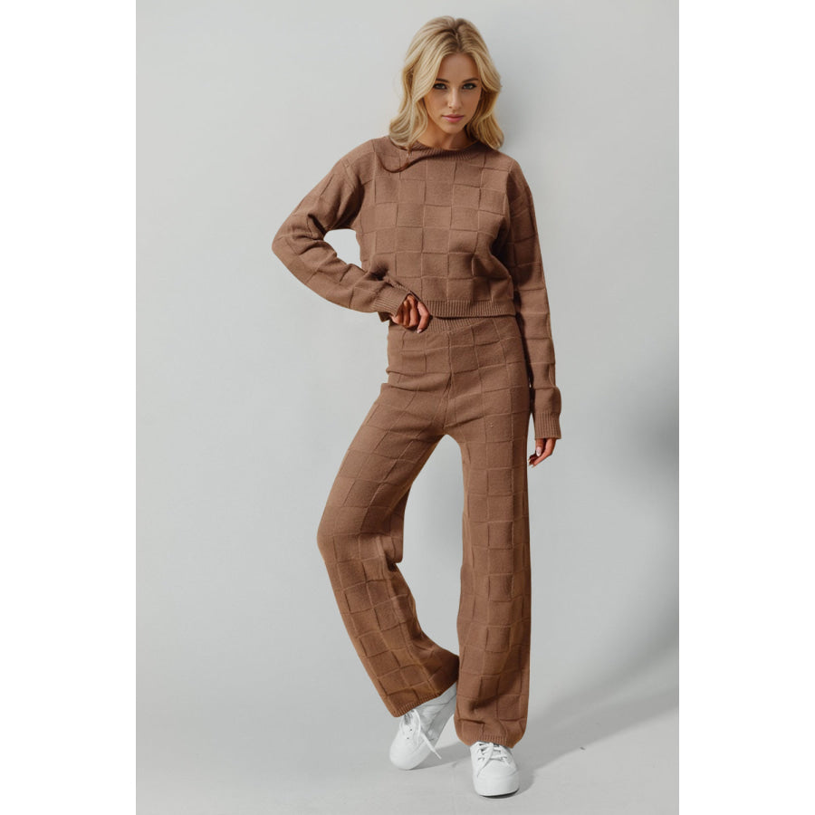 Double Take Full Size Checkered Round Neck Top and Pants Set Brown / S/M Apparel and Accessories