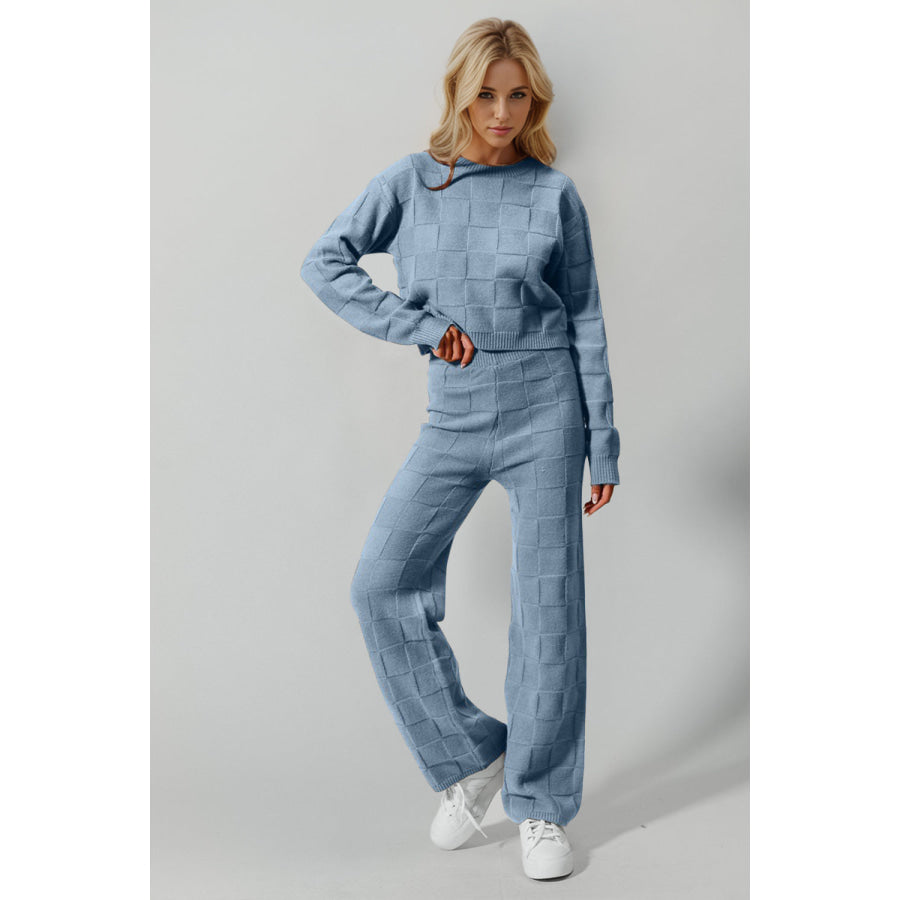 Double Take Full Size Checkered Round Neck Top and Pants Set Light Blue / S/M Apparel and Accessories