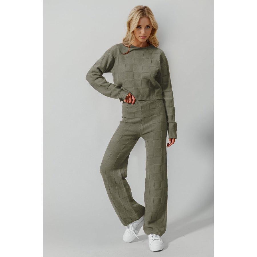 Double Take Full Size Checkered Round Neck Top and Pants Set Matcha Green / S/M Apparel and Accessories