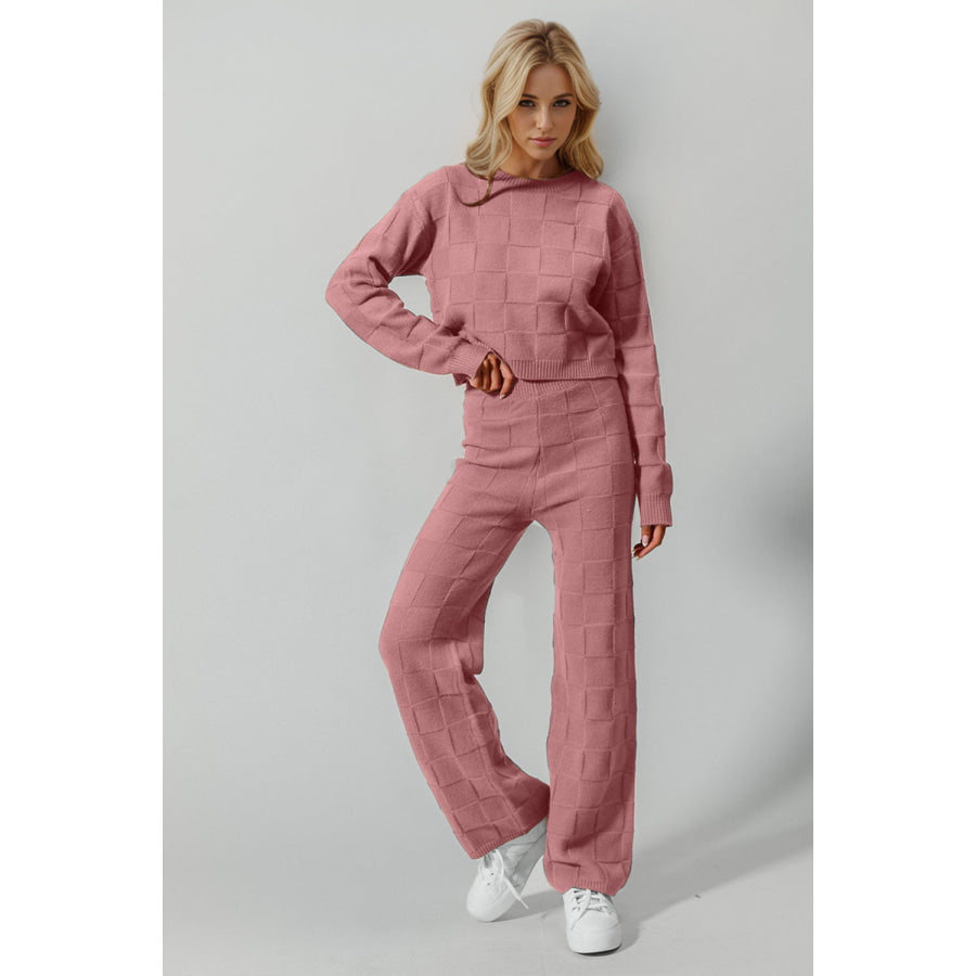 Double Take Full Size Checkered Round Neck Top and Pants Set Pink / S/M Apparel and Accessories