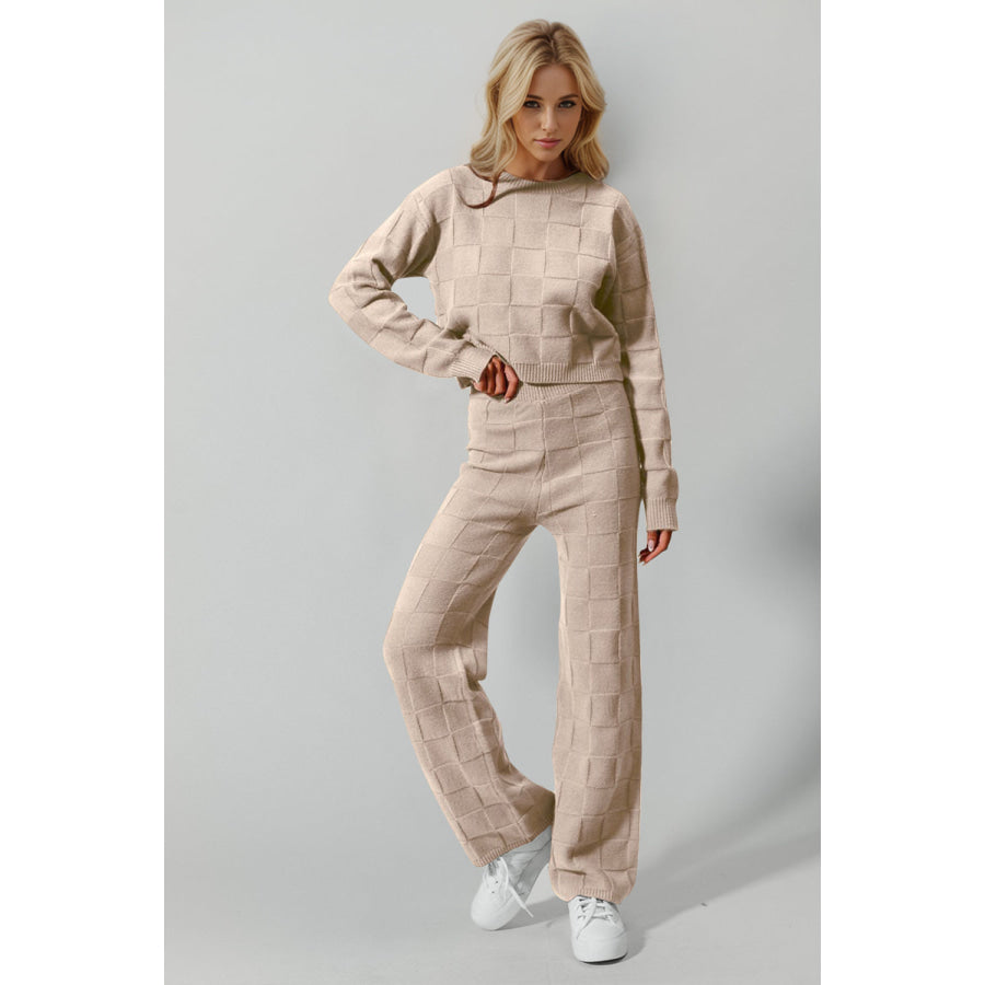 Double Take Full Size Checkered Round Neck Top and Pants Set Tan / S/M Apparel and Accessories