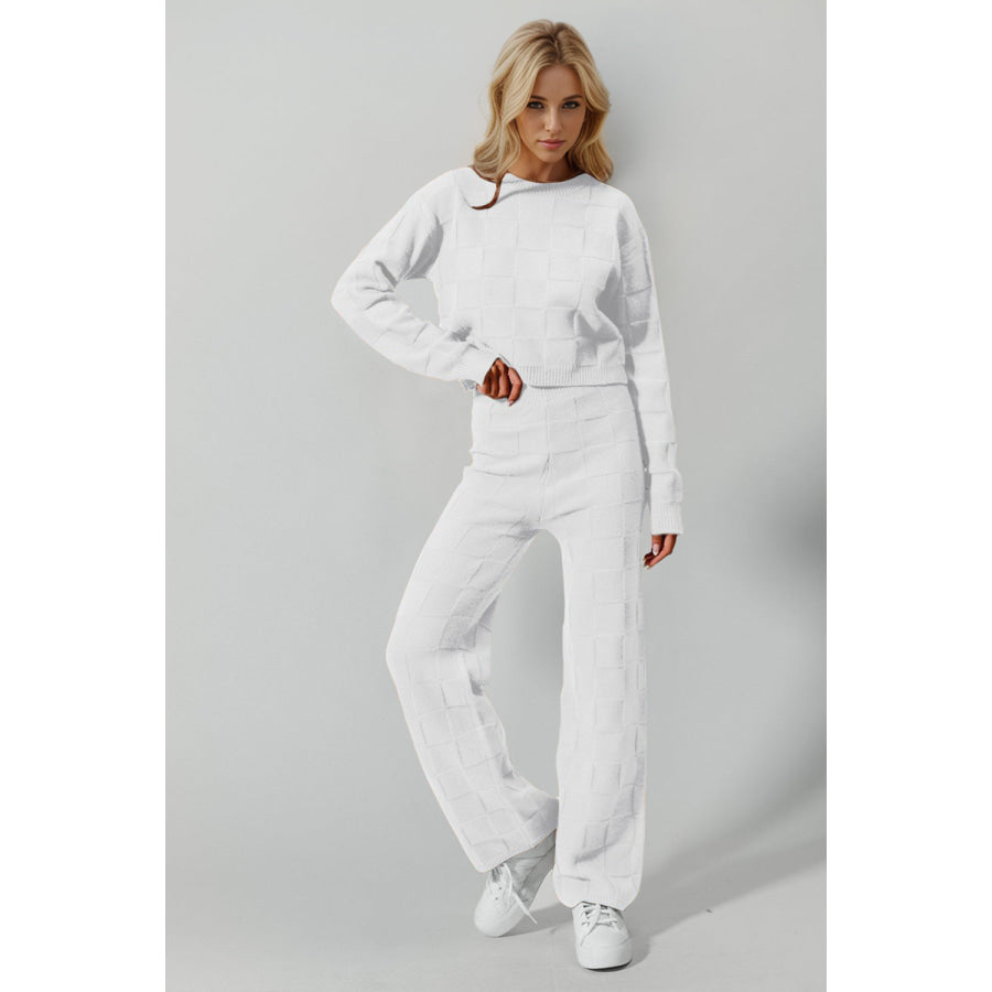 Double Take Full Size Checkered Round Neck Top and Pants Set White / S/M Apparel and Accessories