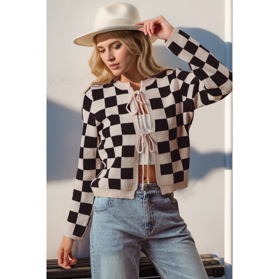 Double Take Full Size Checkered Tie Front Long Sleeve Cardigan Black / S/M Apparel and Accessories