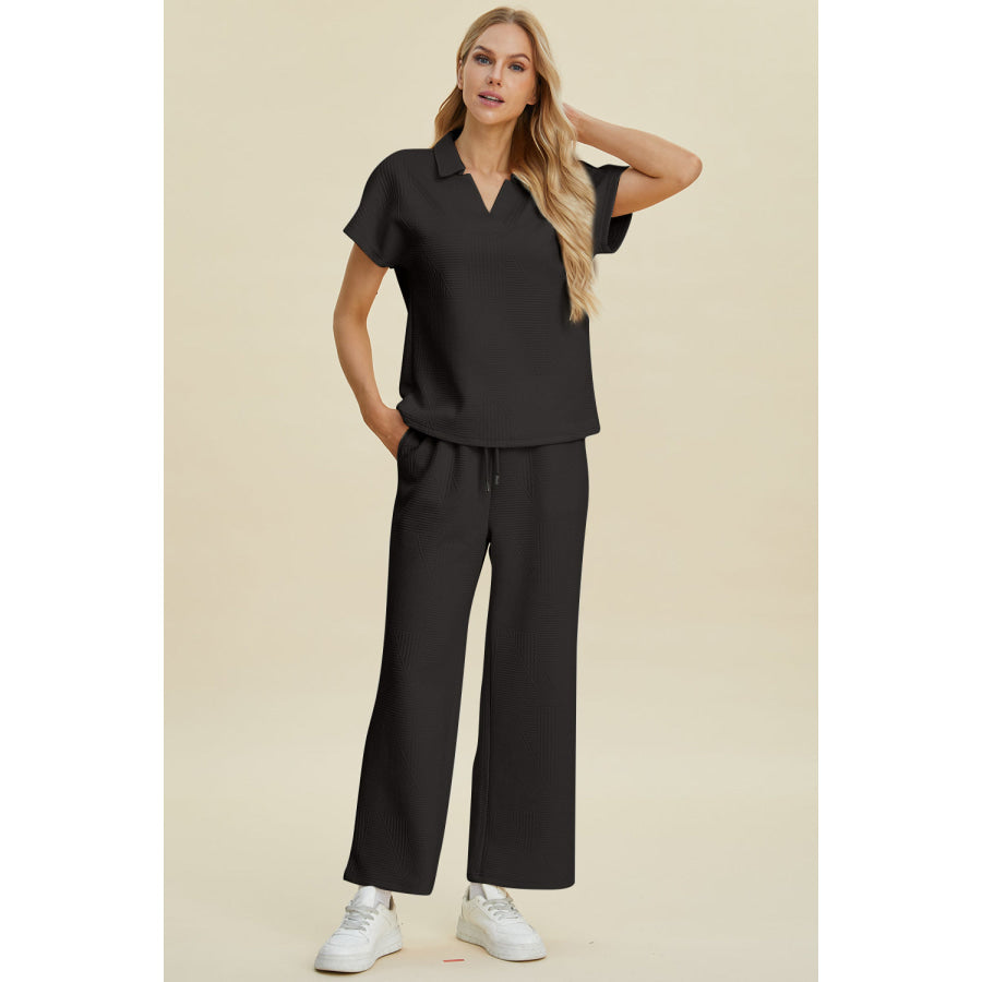 Double Take Full Size Collared Neck Short Sleeve Top and Pants Set Apparel and Accessories