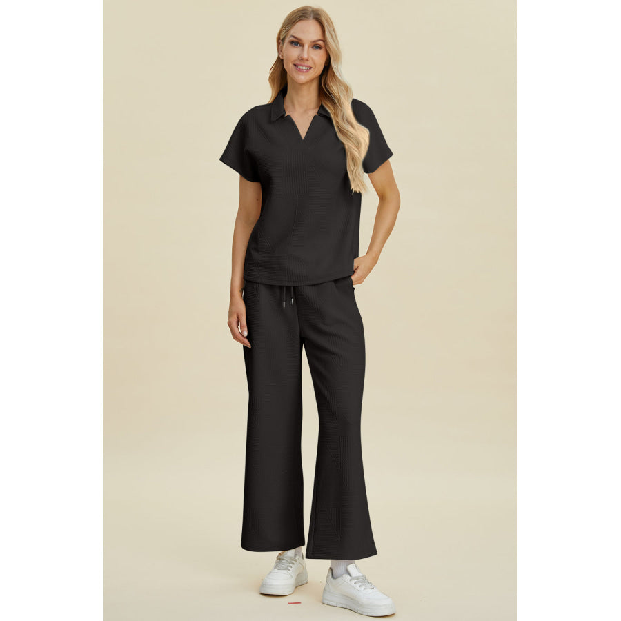 Double Take Full Size Collared Neck Short Sleeve Top and Pants Set Apparel and Accessories