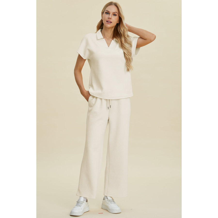 Double Take Full Size Collared Neck Short Sleeve Top and Pants Set Apparel and Accessories