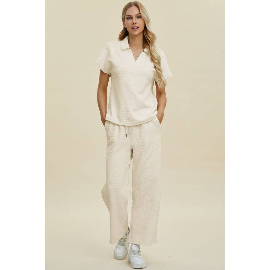 Double Take Full Size Collared Neck Short Sleeve Top and Pants Set Apparel and Accessories