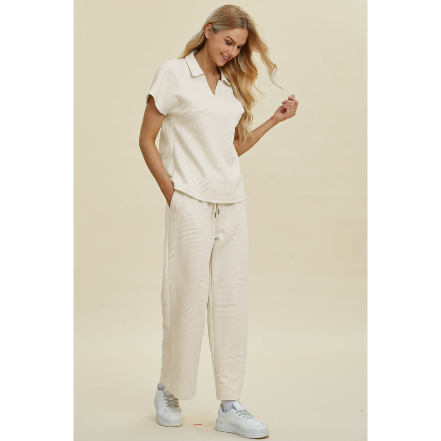 Double Take Full Size Collared Neck Short Sleeve Top and Pants Set Apparel and Accessories