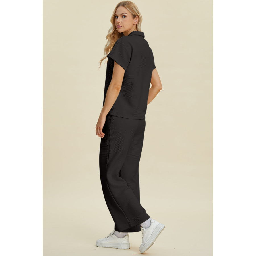 Double Take Full Size Collared Neck Short Sleeve Top and Pants Set Apparel and Accessories