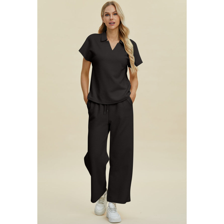 Double Take Full Size Collared Neck Short Sleeve Top and Pants Set Black / S Apparel and Accessories