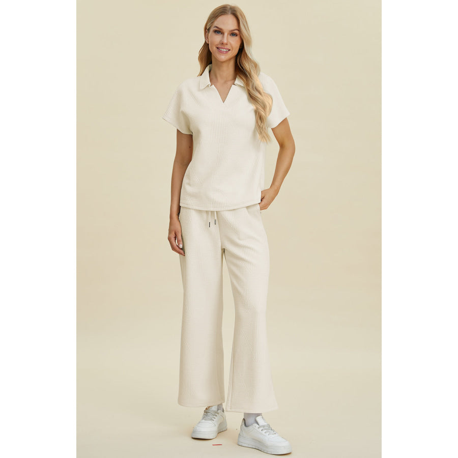 Double Take Full Size Collared Neck Short Sleeve Top and Pants Set Cream / S Apparel and Accessories