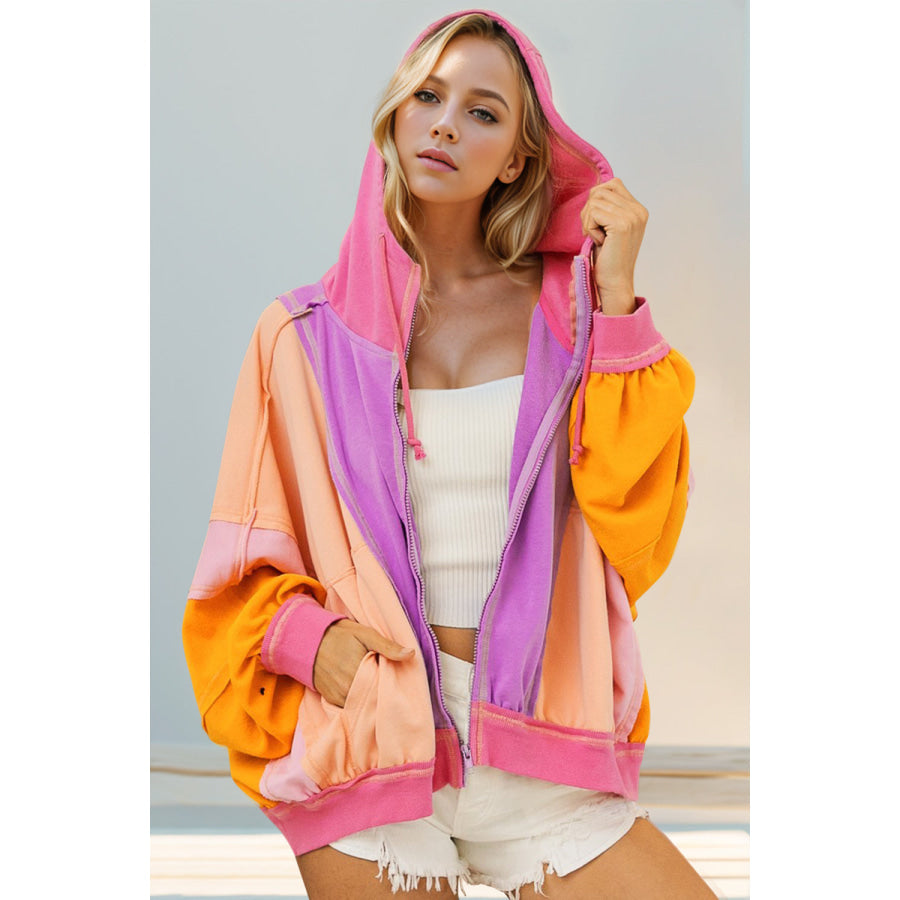 Double Take Full Size Color Block Zip Up Hoodie Khaki / S Apparel and Accessories