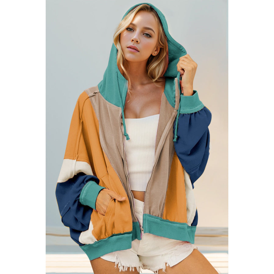 Double Take Full Size Color Block Zip Up Hoodie Khaki / S Apparel and Accessories