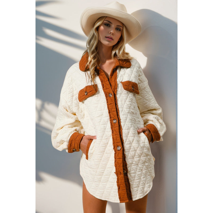 Double Take Full Size Contrast Button Up Quilted Shacket Cream / S Apparel and Accessories