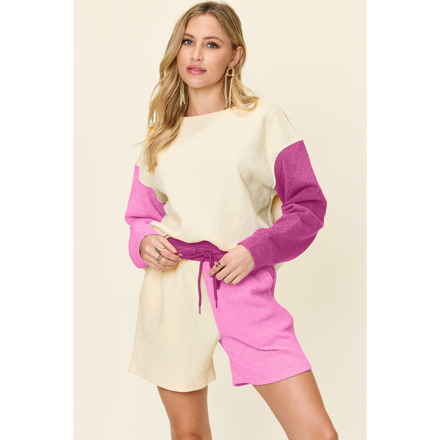 Double Take Full Size Contrast Drop Shoulder Top and Shorts Set Hot Pink / S Apparel and Accessories