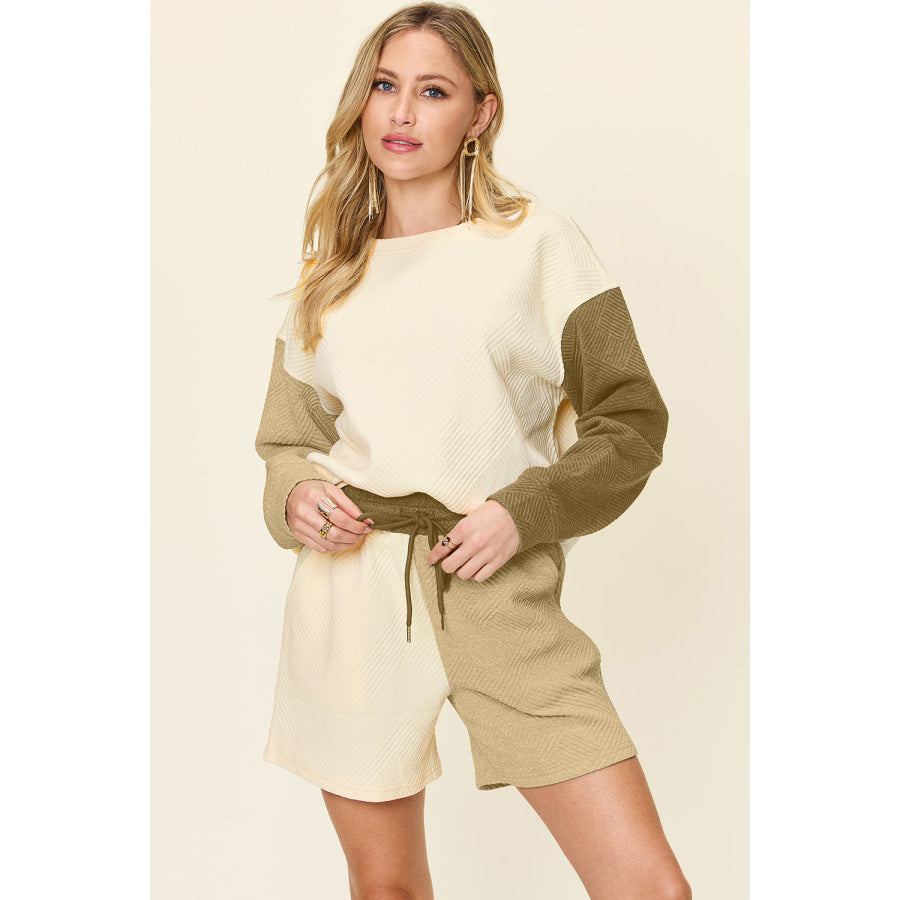 Double Take Full Size Contrast Drop Shoulder Top and Shorts Set Khaki / S Apparel and Accessories