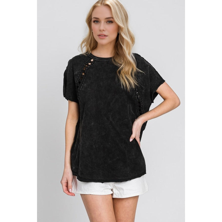 Double Take Full Size Cutout Round Neck Short Sleeve T-Shirt Black / S Apparel and Accessories