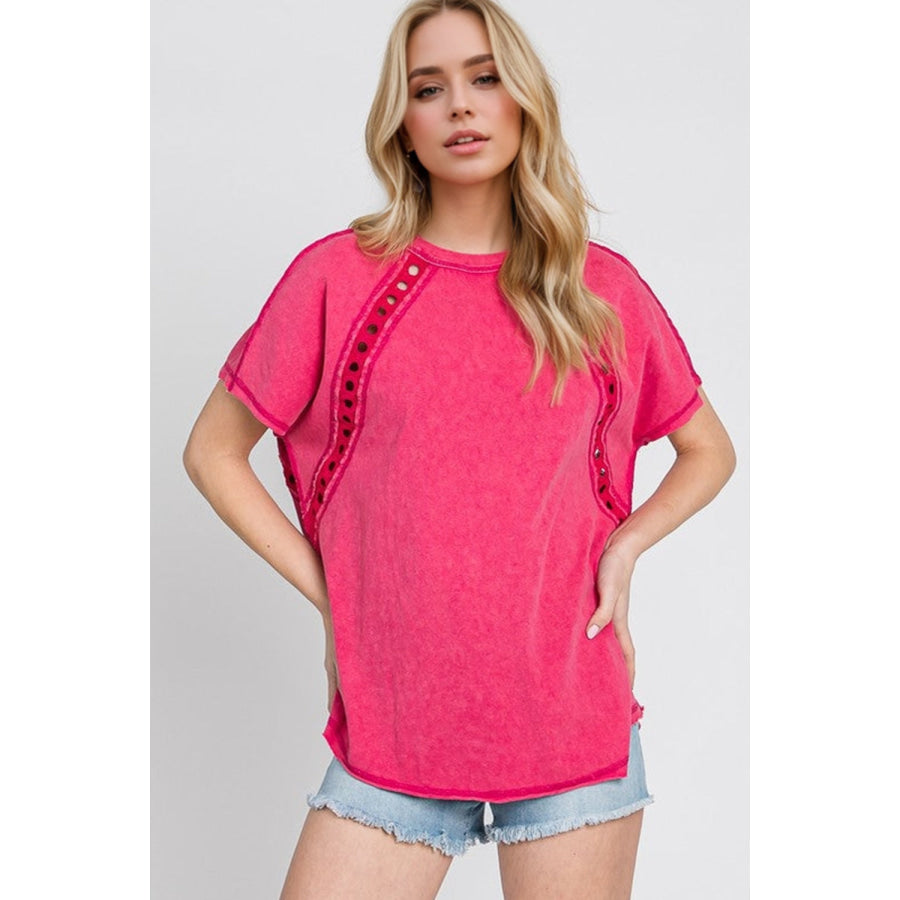 Double Take Full Size Cutout Round Neck Short Sleeve T-Shirt Hot Pink / S Apparel and Accessories