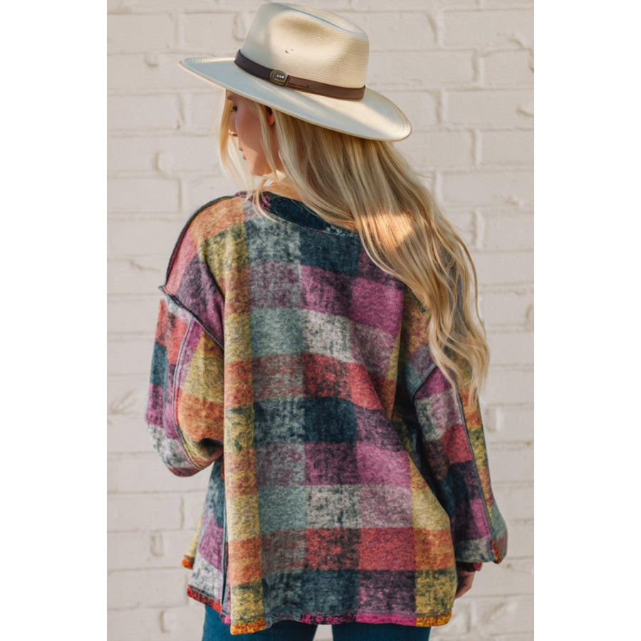 Double Take Full Size Exposed Seam Button Up Shacket Multicolored / S Apparel and Accessories