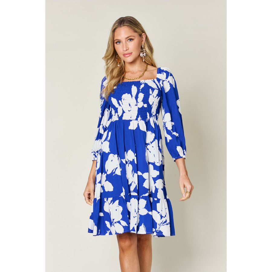 Double Take Full Size Floral Ruffle Hem Smocked Dress Royal Blue / S Apparel and Accessories