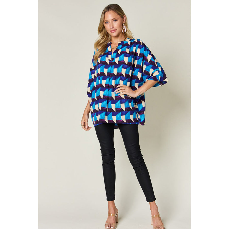 Double Take Full Size Geometric Notched Half Sleeve Blouse Apparel and Accessories