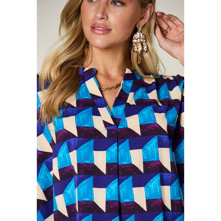 Double Take Full Size Geometric Notched Half Sleeve Blouse Apparel and Accessories