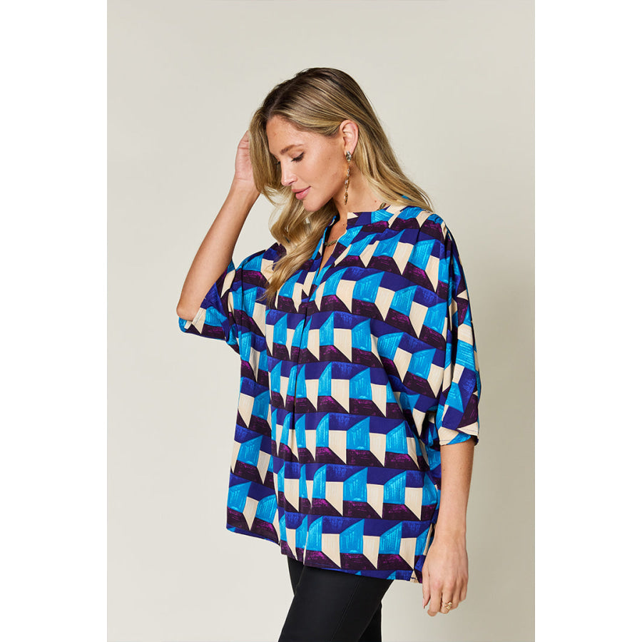 Double Take Full Size Geometric Notched Half Sleeve Blouse Sky Blue / S Apparel and Accessories