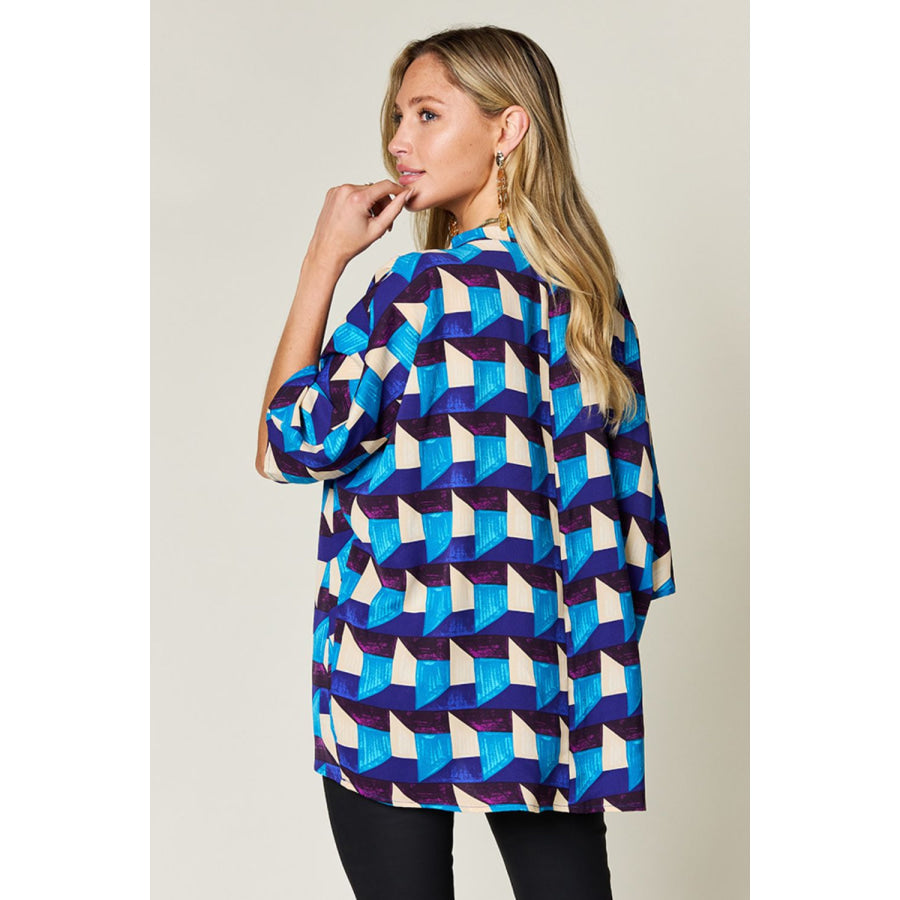 Double Take Full Size Geometric Notched Half Sleeve Blouse Apparel and Accessories