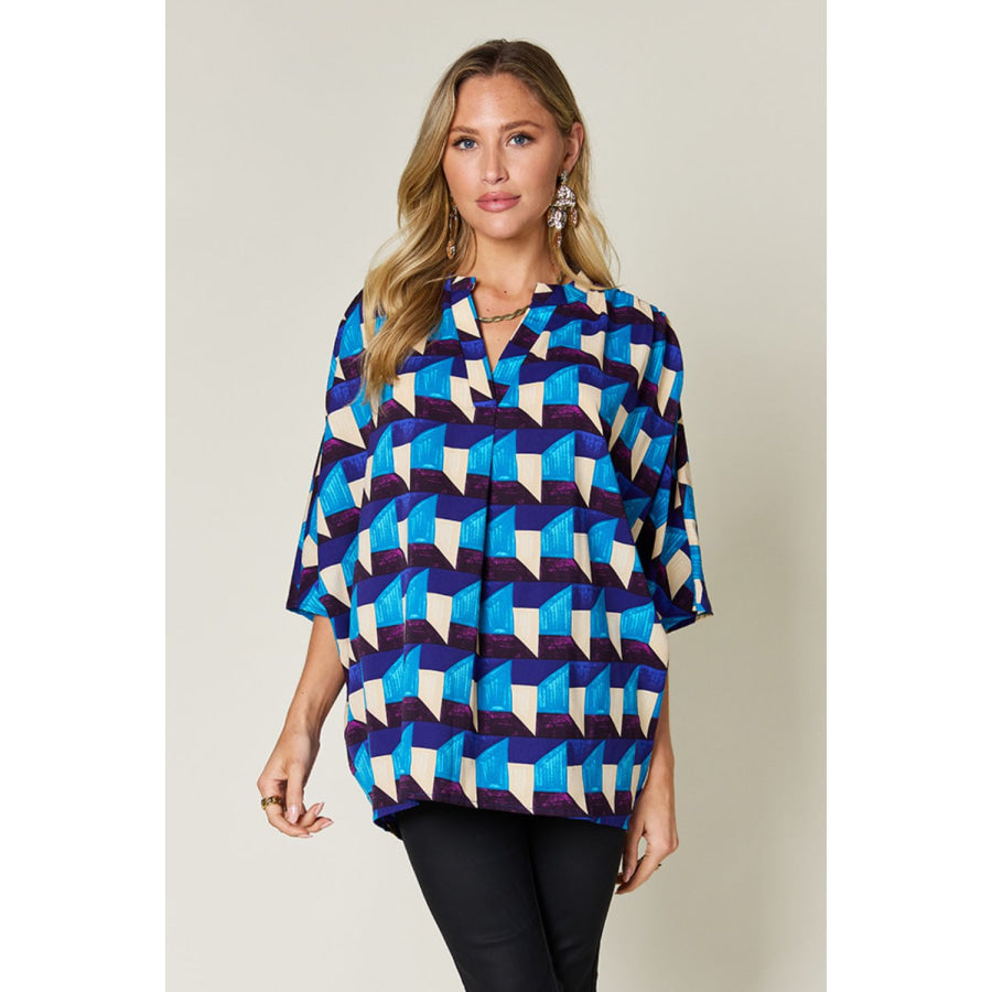 Double Take Full Size Geometric Notched Half Sleeve Blouse Sky Blue / S Apparel and Accessories