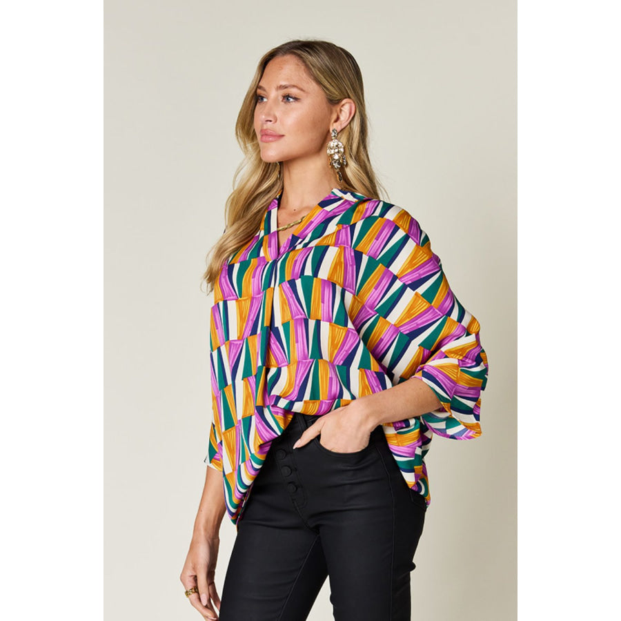 Double Take Full Size Geometric Notched Raglan Sleeve Blouse Apparel and Accessories