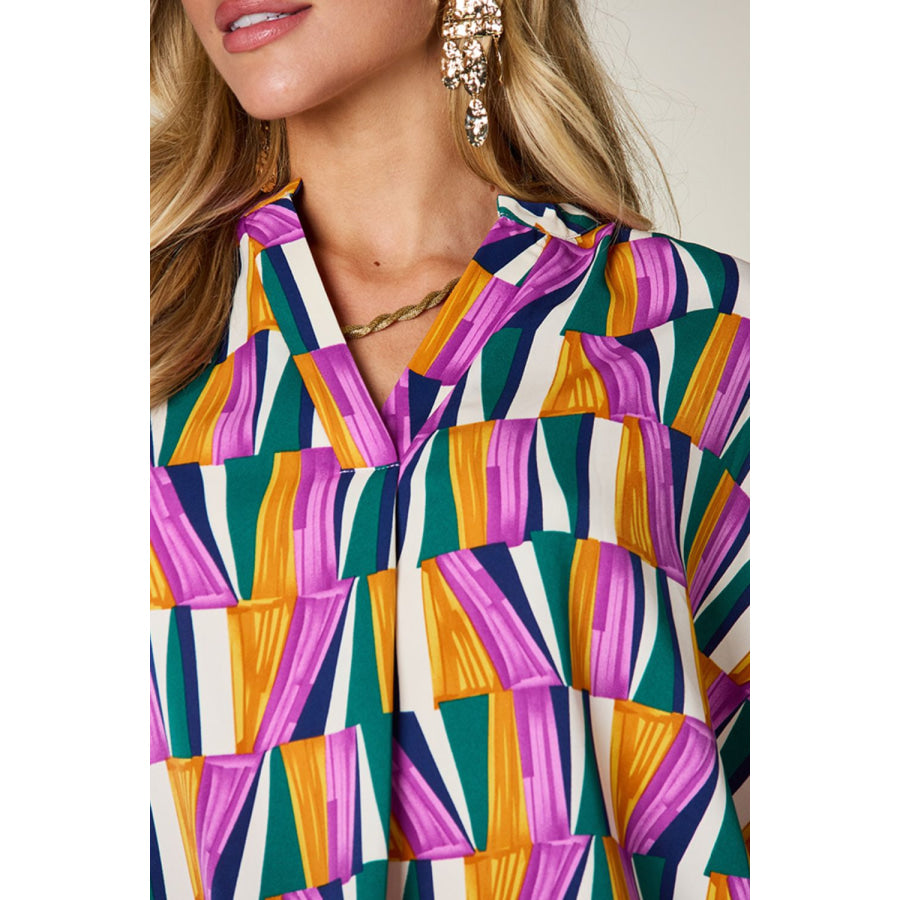 Double Take Full Size Geometric Notched Raglan Sleeve Blouse Apparel and Accessories