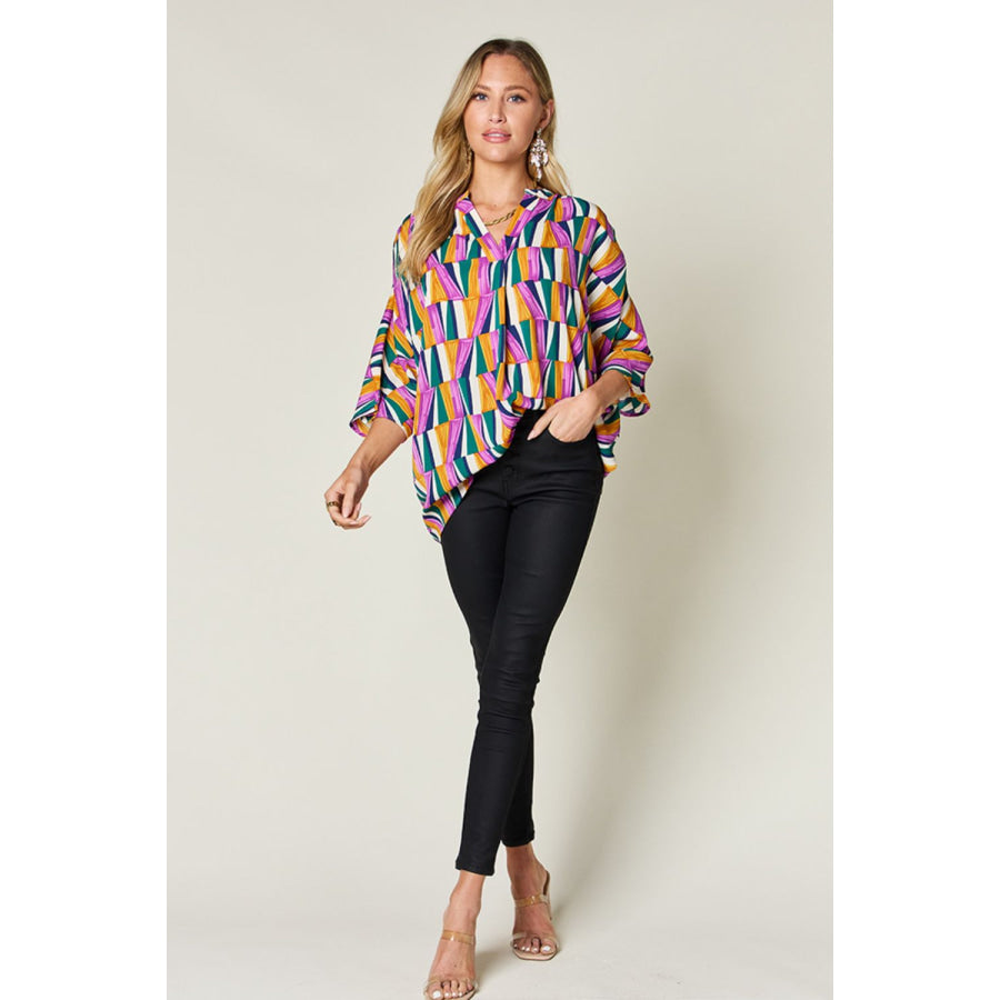 Double Take Full Size Geometric Notched Raglan Sleeve Blouse Apparel and Accessories