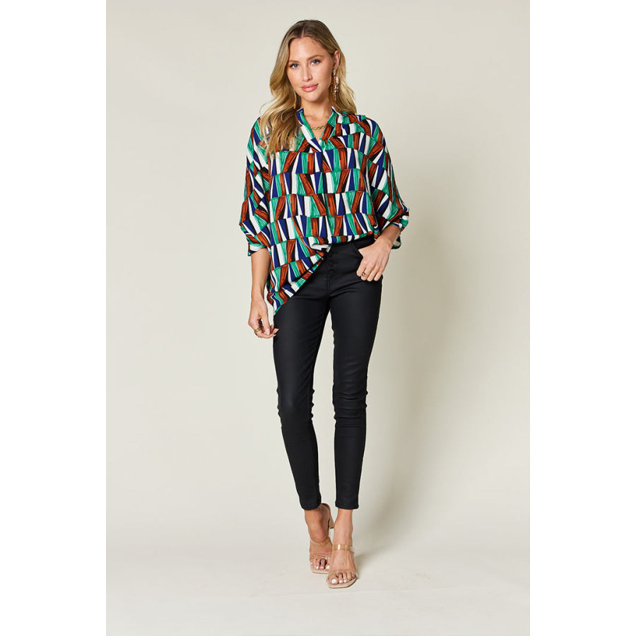 Double Take Full Size Geometric Notched Raglan Sleeve Blouse Apparel and Accessories