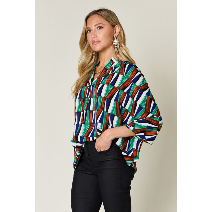 Double Take Full Size Geometric Notched Raglan Sleeve Blouse Apparel and Accessories