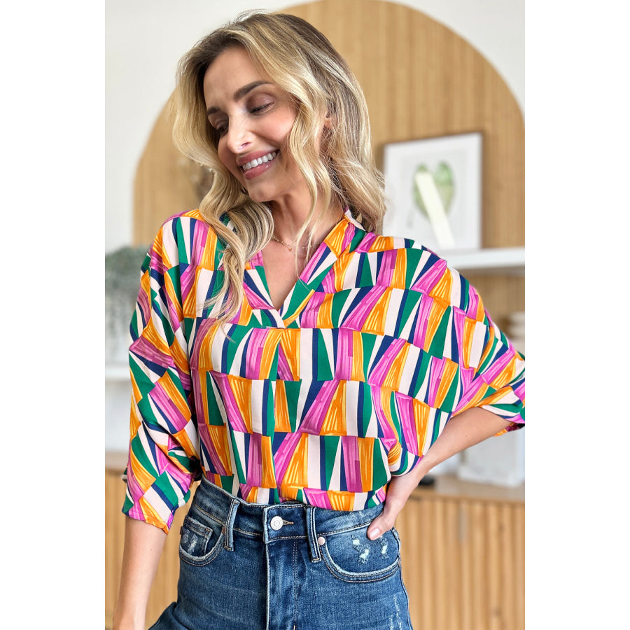 Double Take Full Size Geometric Notched Raglan Sleeve Blouse Apparel and Accessories