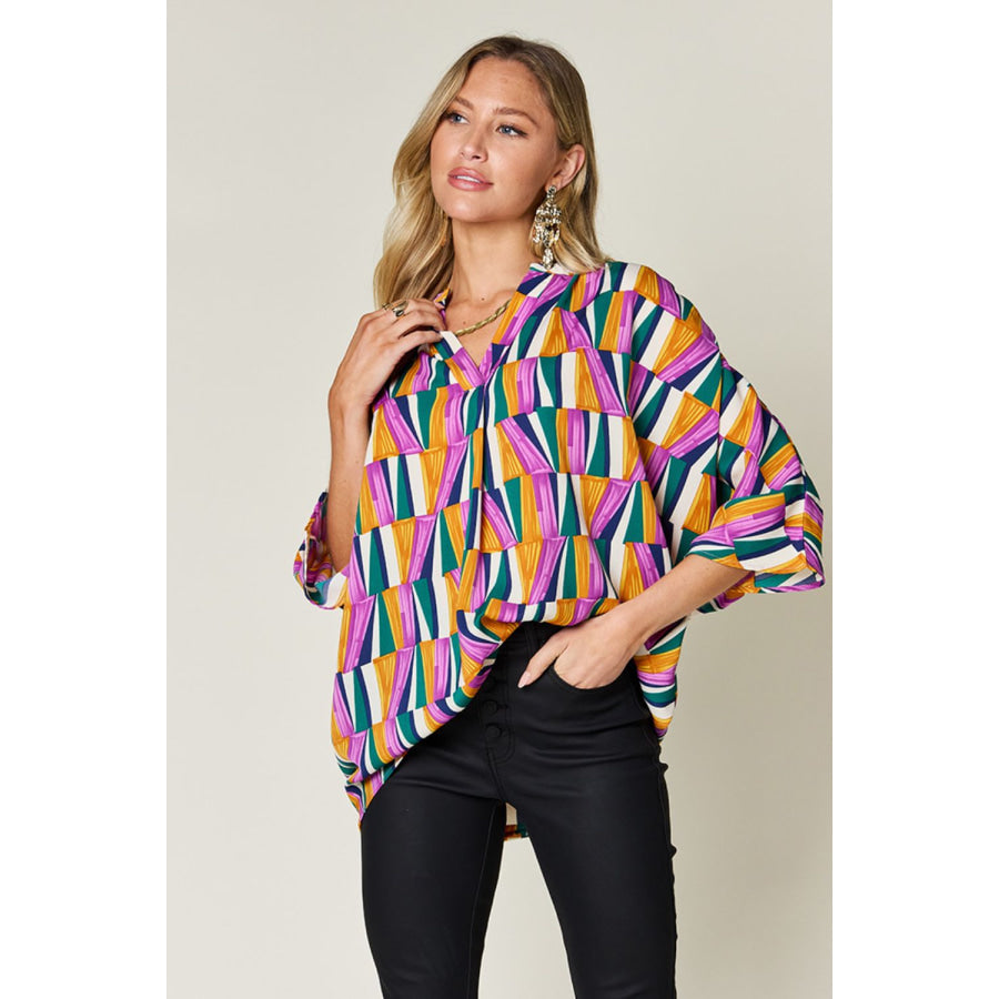 Double Take Full Size Geometric Notched Raglan Sleeve Blouse Apparel and Accessories